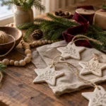 Rustic Christmas craft table with handmade botanical star ornaments, twine, evergreen sprigs and burgundy ribbon
