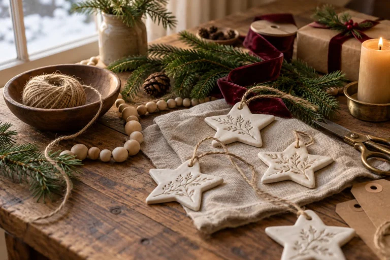 Rustic Christmas craft table with handmade botanical star ornaments, twine, evergreen sprigs and burgundy ribbon