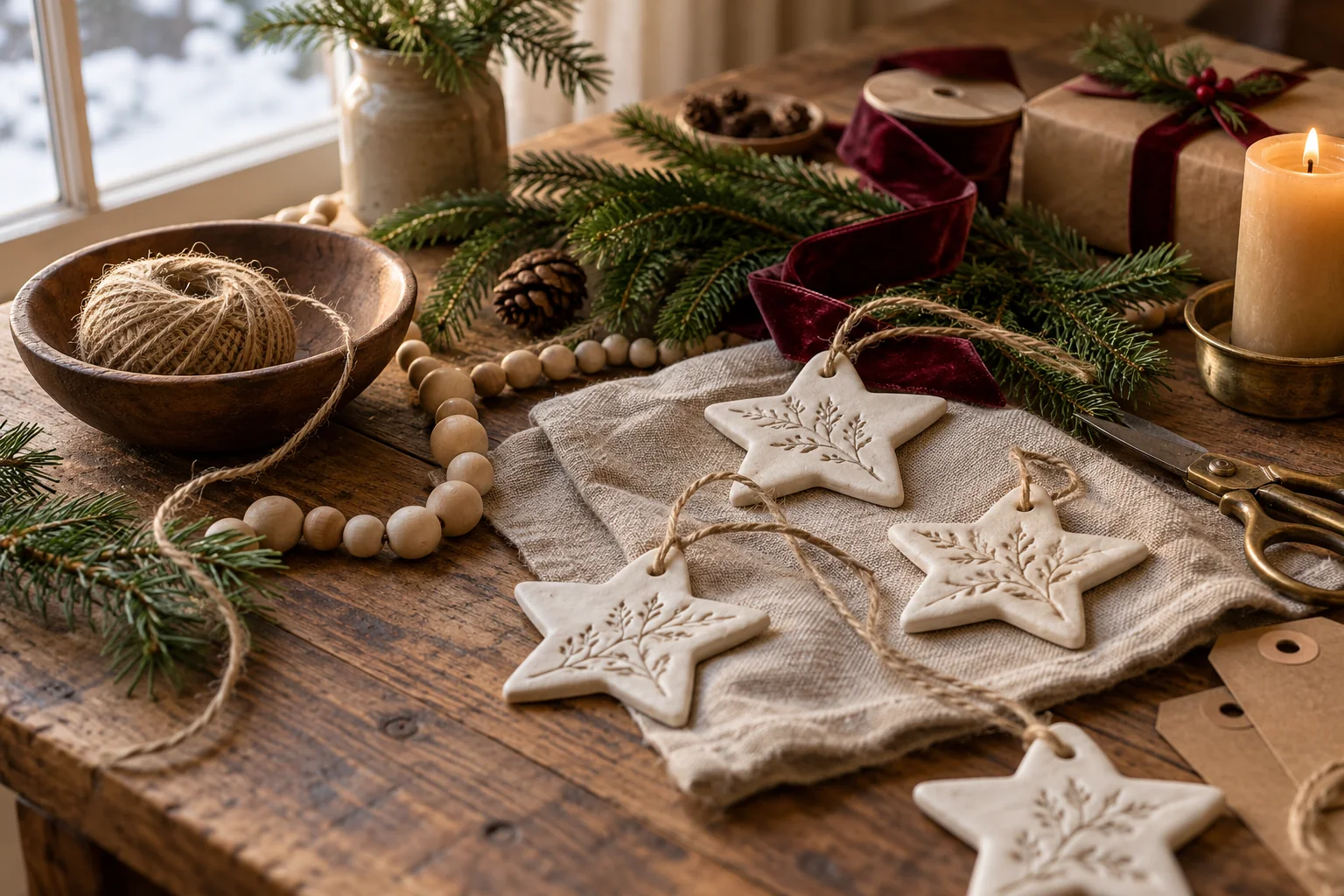 Rustic Christmas craft table with handmade botanical star ornaments, twine, evergreen sprigs and burgundy ribbon