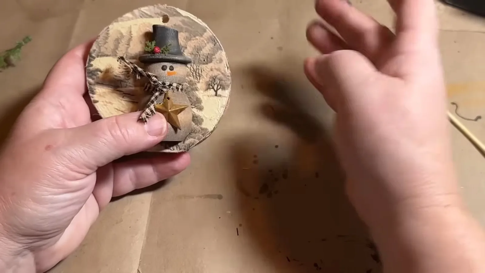 Making a rustic Christmas snowman decoration from a wood slice