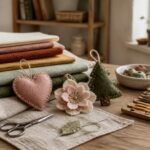 Warm craft studio tabletop with colorful wool and craft felt sheets, a hand-stitched pink heart ornament, layered felt flower, green Christmas tree ornament, embroidery floss, and sewing scissors.