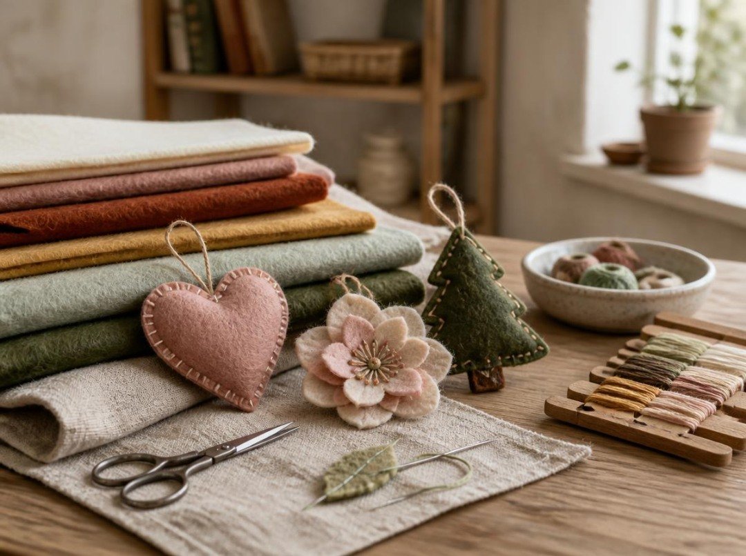Warm craft studio tabletop with colorful wool and craft felt sheets, a hand-stitched pink heart ornament, layered felt flower, green Christmas tree ornament, embroidery floss, and sewing scissors.