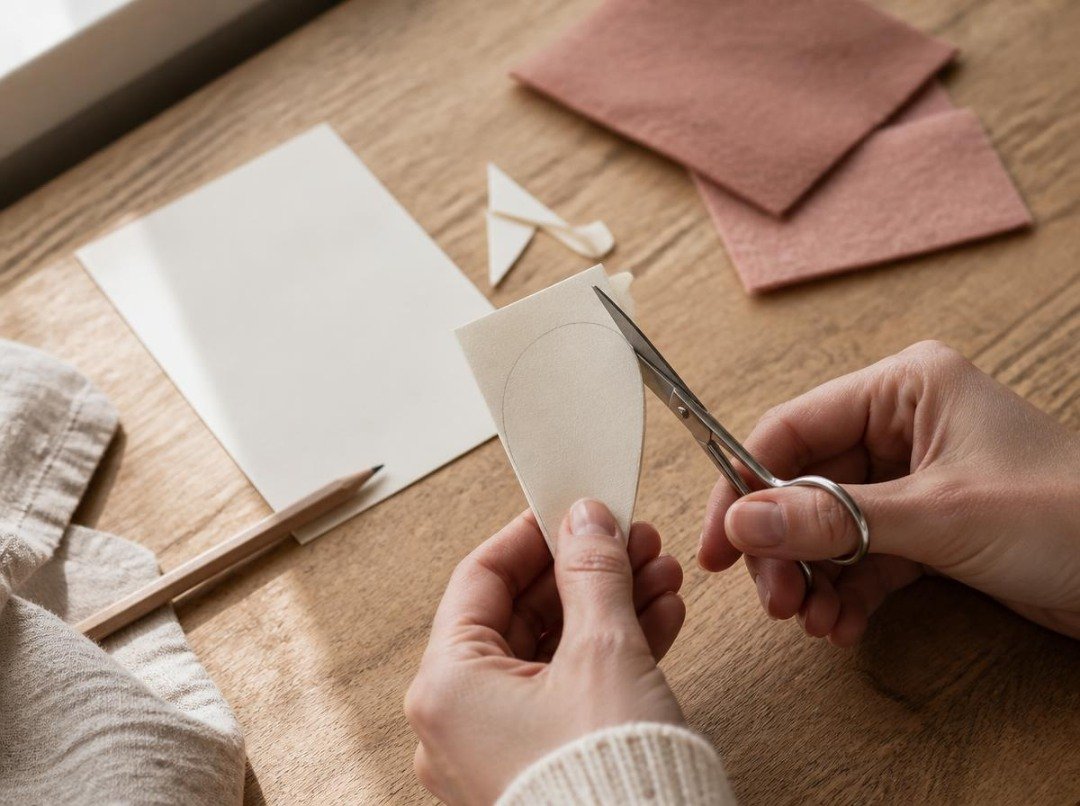 Close-up of adult hands using small scissors to cut a rounded half-heart outline from folded cream paper on a natural oak craft table, with a pencil and dusty rose felt nearby.