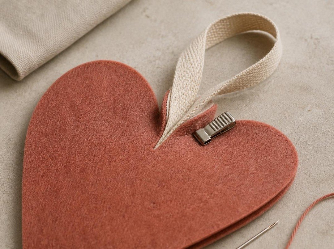 Macro photograph of two layered terracotta-rose felt heart pieces with a natural cotton ribbon loop tucked between the upper edges and secured with a small fabric clip on a warm stone surface.