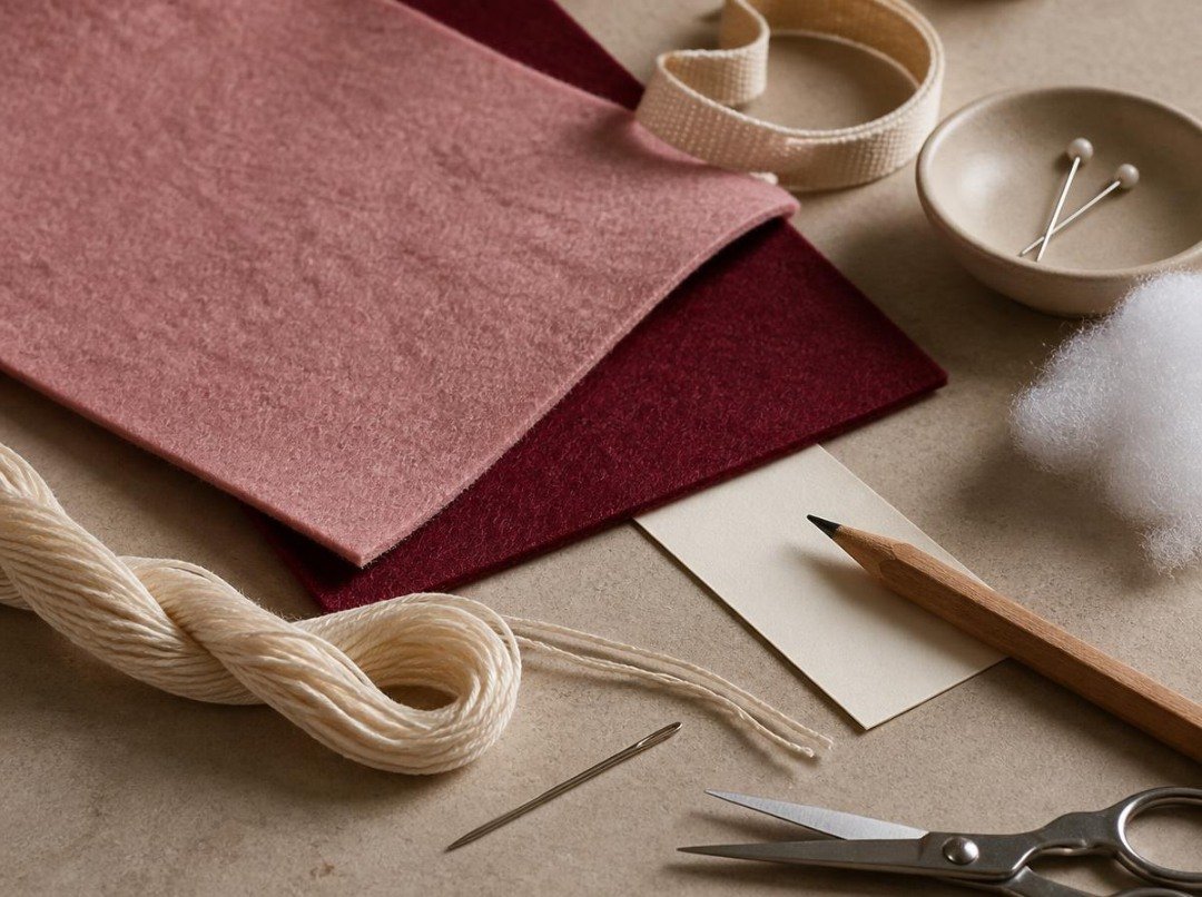 Close-up editorial arrangement of dusty rose and burgundy felt rectangles, cream embroidery floss, steel sewing needle, fabric scissors, cotton ribbon, blank template paper, pencil, and soft stuffing on a warm stone surface.