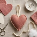 Overhead arrangement of a terracotta-rose stuffed felt heart ornament with cream blanket stitching, matching felt pieces, paper heart template, embroidery scissors, needle, thread, ribbon, and stuffing on natural linen.