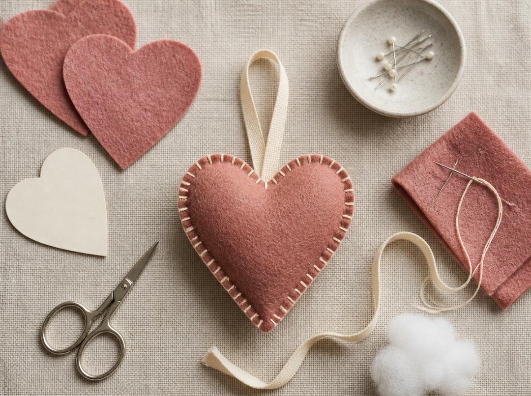 Overhead arrangement of a terracotta-rose stuffed felt heart ornament with cream blanket stitching, matching felt pieces, paper heart template, embroidery scissors, needle, thread, ribbon, and stuffing on natural linen.