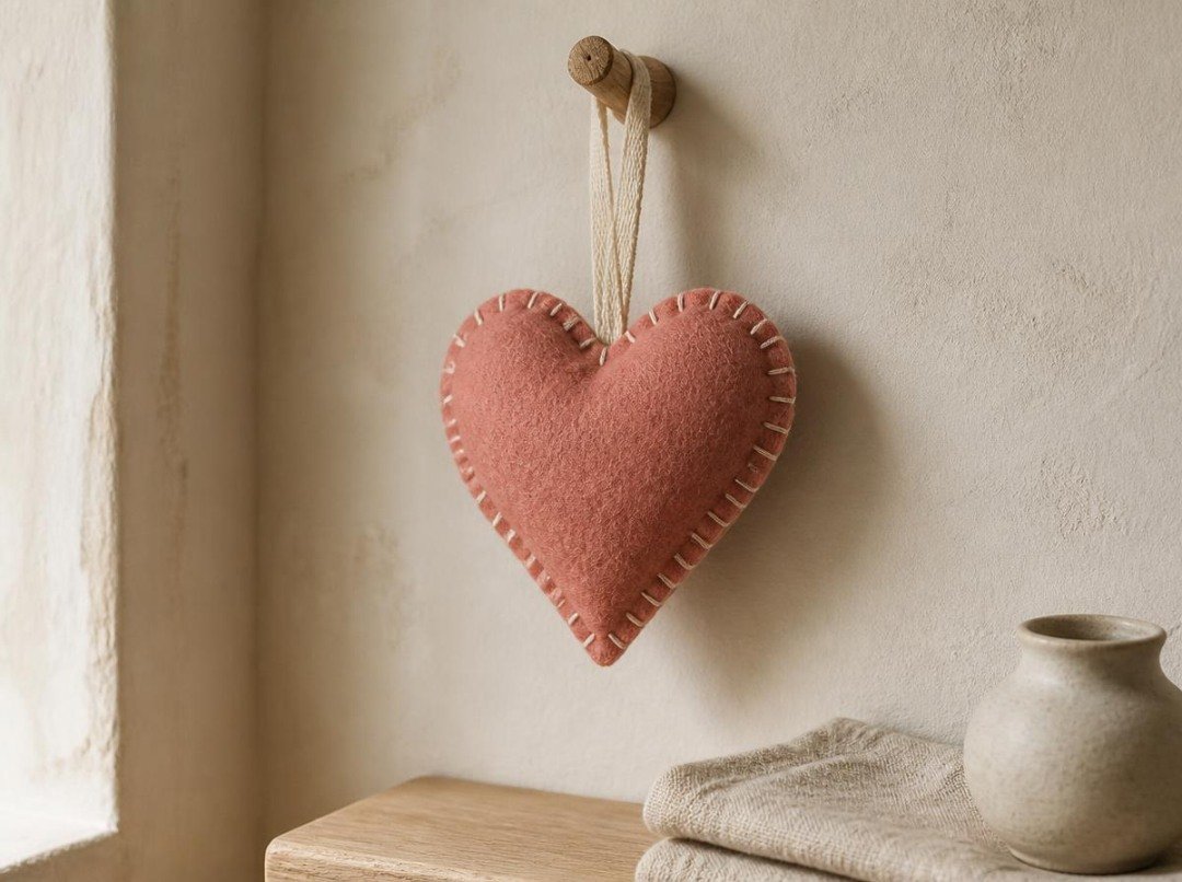 Finished dusty terracotta-rose felt heart ornament hanging from a wooden peg by an ivory cotton ribbon loop, with neat blanket stitching around its softly padded edges.