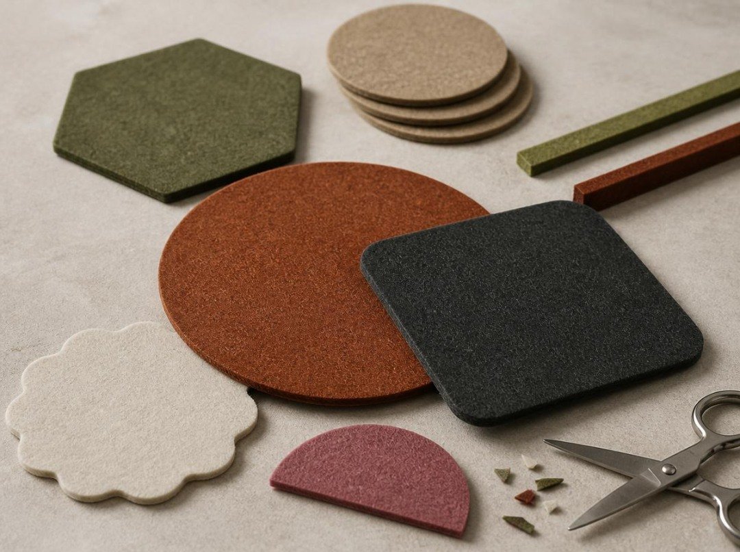 Geometric felt coasters and decorative cutouts in rust, charcoal, olive green, ivory, and dusty rose arranged on a pale stone surface, showing clean cut edges, stacked layers, and dense felt texture.