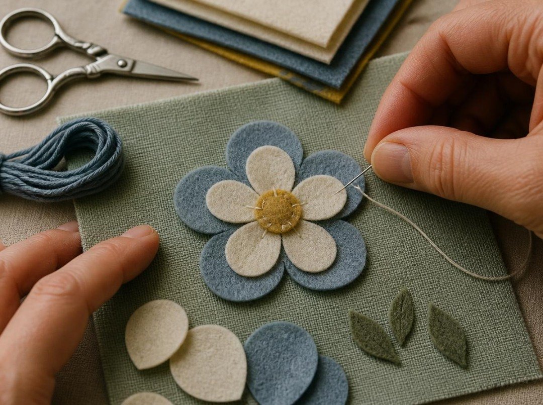 Close-up of hands stitching a layered dusty-blue and ivory felt flower onto sage-green linen, with small cut felt petals, green leaves, embroidery floss, and fine sewing scissors nearby.