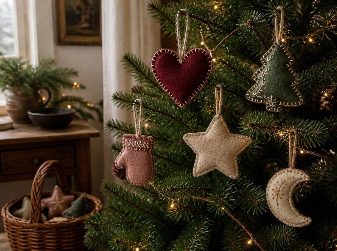 Handmade burgundy heart, oatmeal star, green Christmas tree, pink mitten, and ivory moon felt ornaments hanging from natural evergreen branches in a warmly lit country cottage.