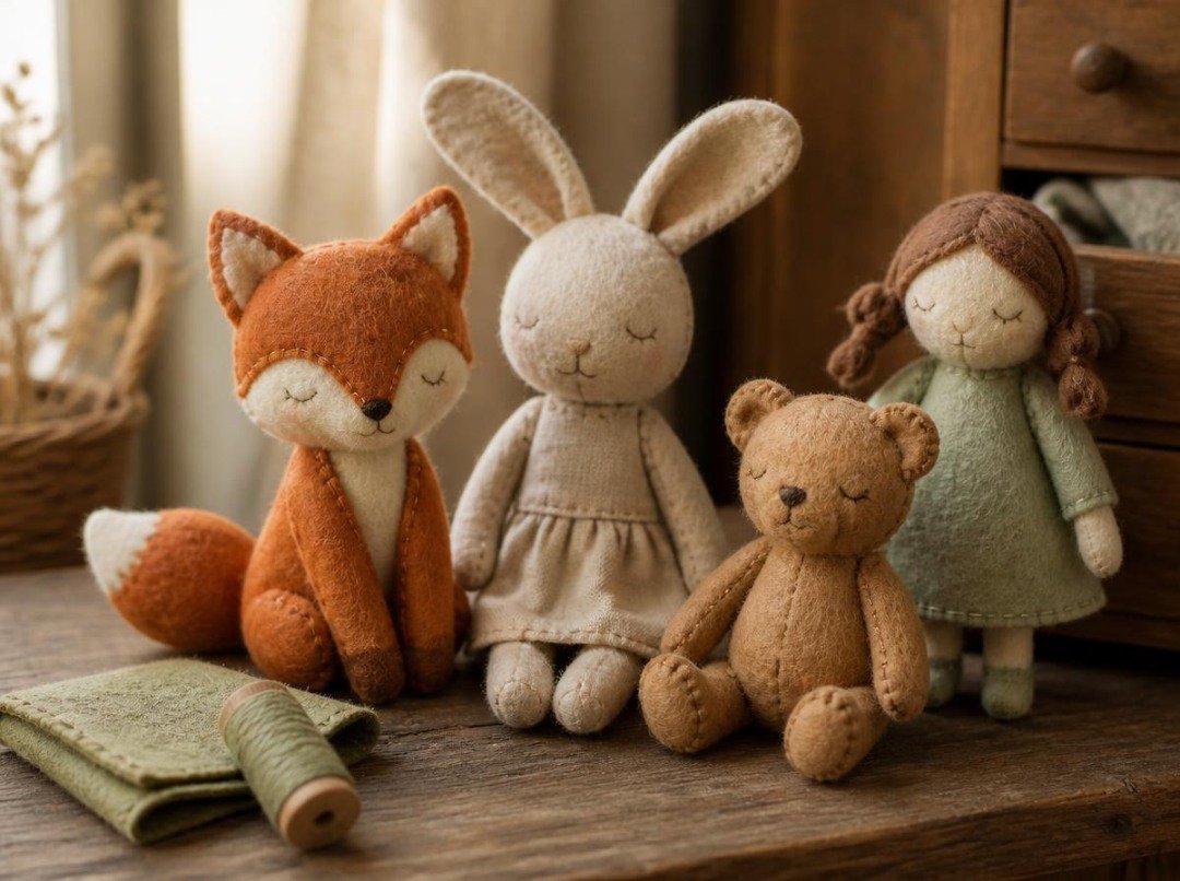 Handmade stuffed felt fox, oatmeal rabbit, caramel bear, and small felt doll with embroidered faces arranged on a wooden shelf in a softly lit craft studio.