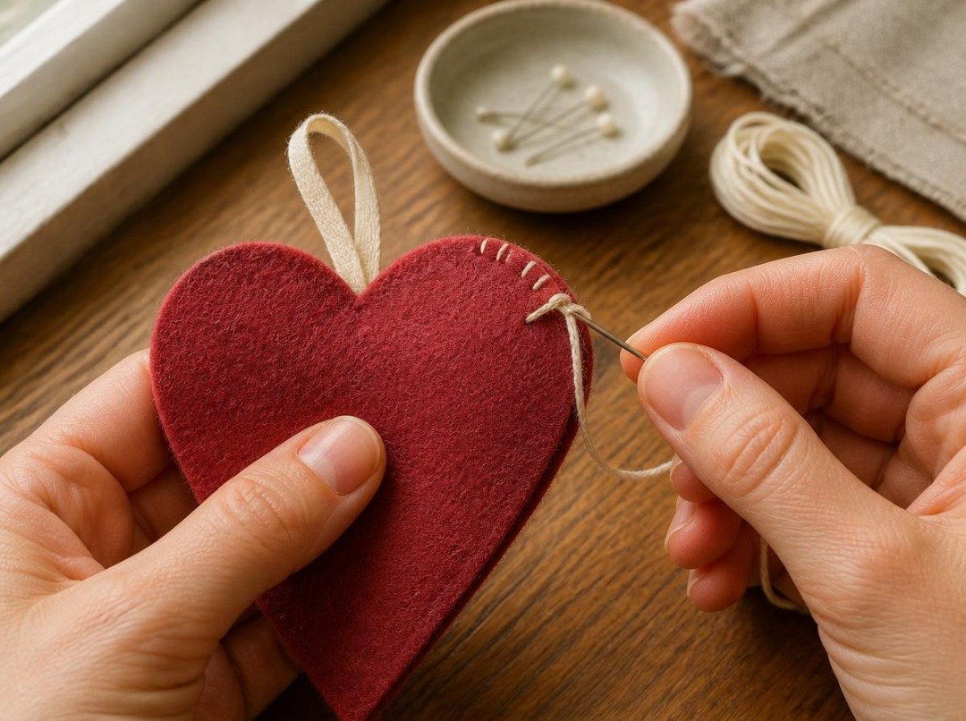 Close-up of adult hands forming the first blanket stitch with a steel needle and cream embroidery floss along the edge of two layered cranberry-red felt heart pieces.