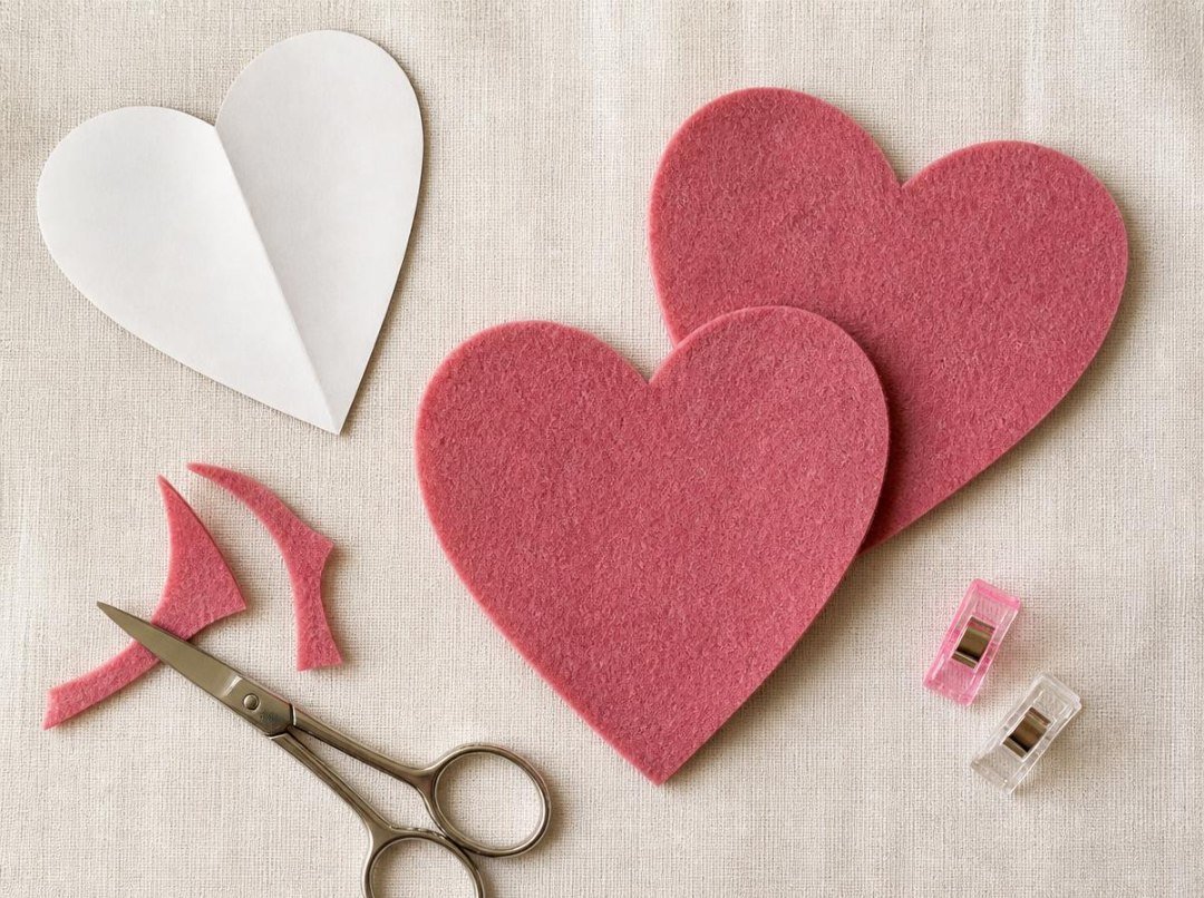 Two matching dusty rose felt heart shapes overlapping on ivory linen beside a folded paper heart template, small fabric scissors, felt offcuts, and fabric clips.