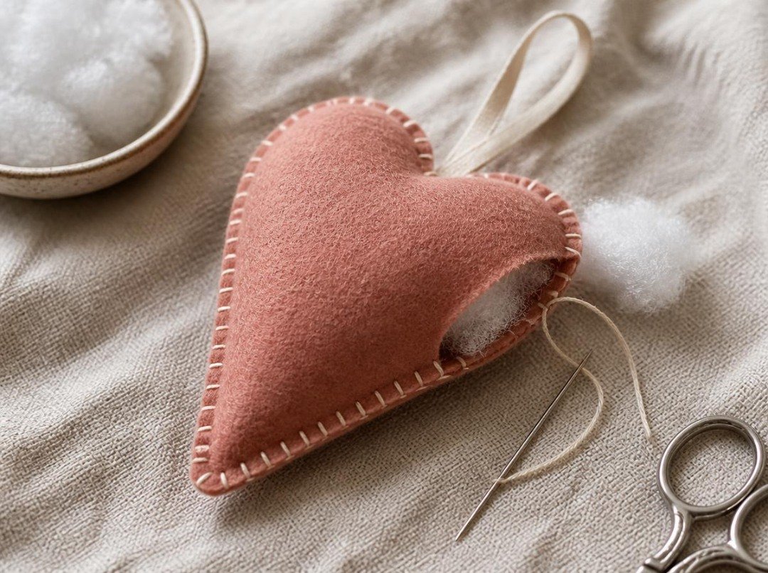 Close-up of a softly padded terracotta-rose felt heart with ivory blanket stitches, a cotton hanging loop, and a small unstitched opening revealing white polyester stuffing.